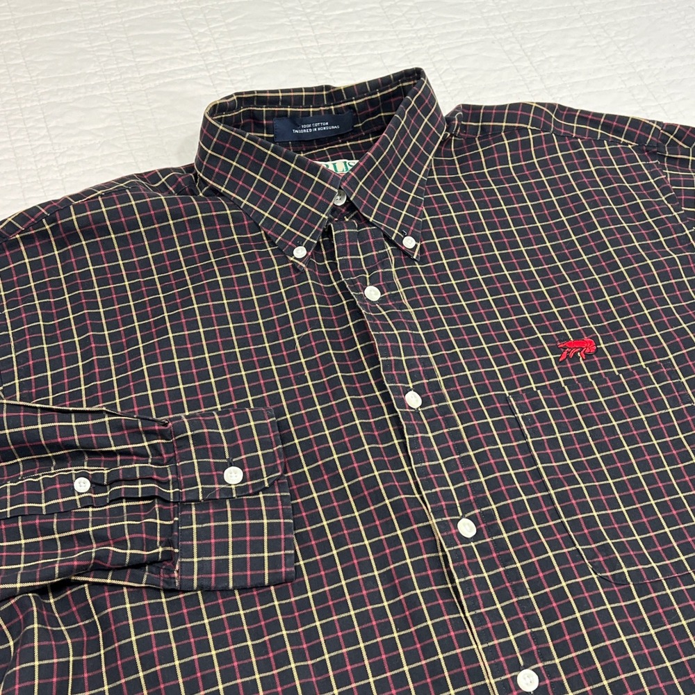 Perlis Mens Navy Red Tattersall Check Cotton Button Down Crawfish Shirt M